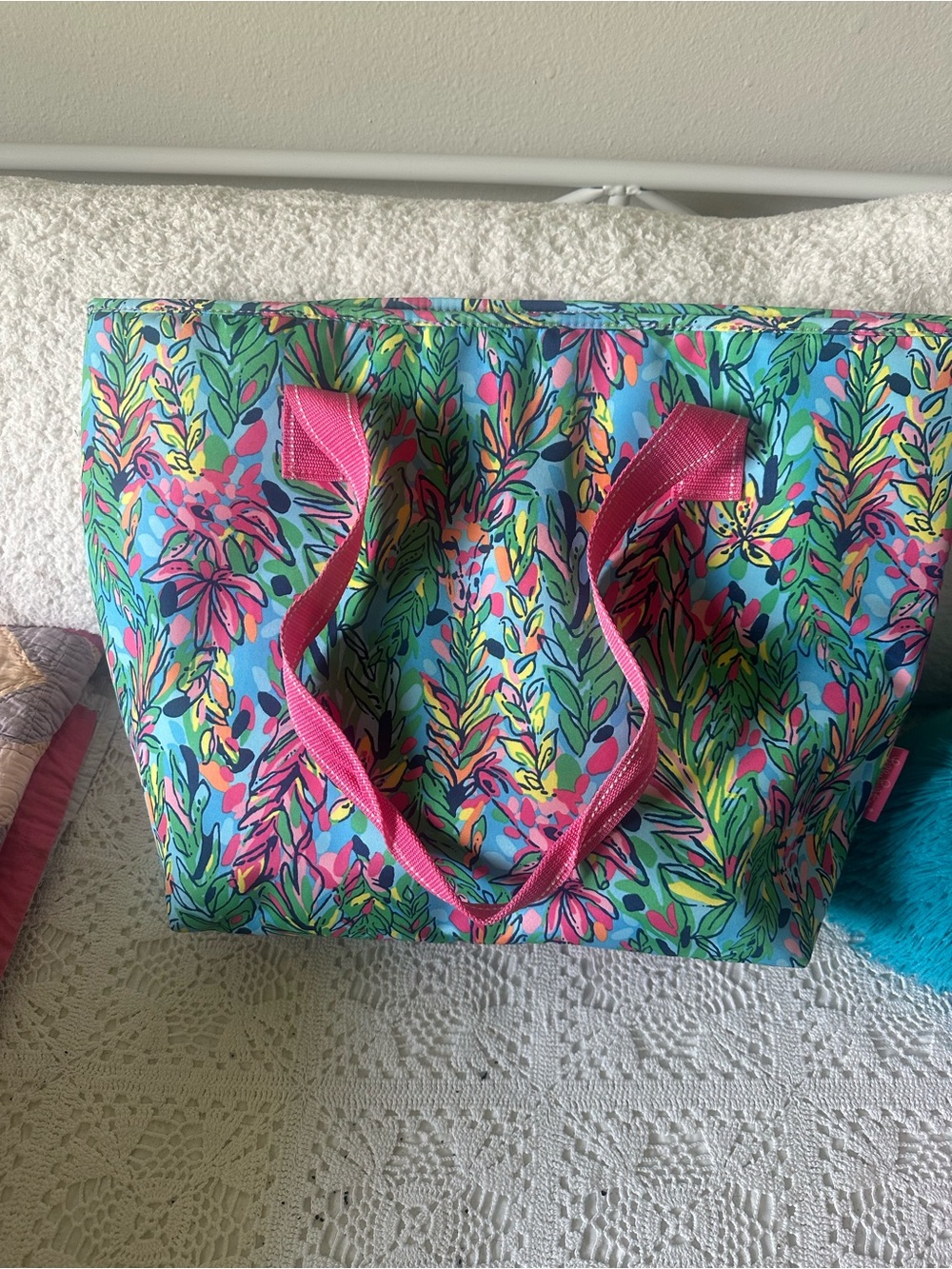 Lily Pulitzer Soft Cooler And Pink Can Opener Set- Tote Bag W Pink Handles View 3